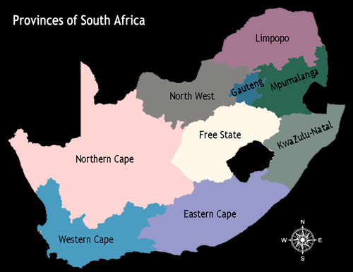 Map of South Africa showing Provinces